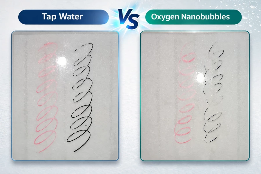 일반 수돗물(4.5bar)과 산소 나노버블수(2.5bar)의 유성펜 제거 잔여물 비교