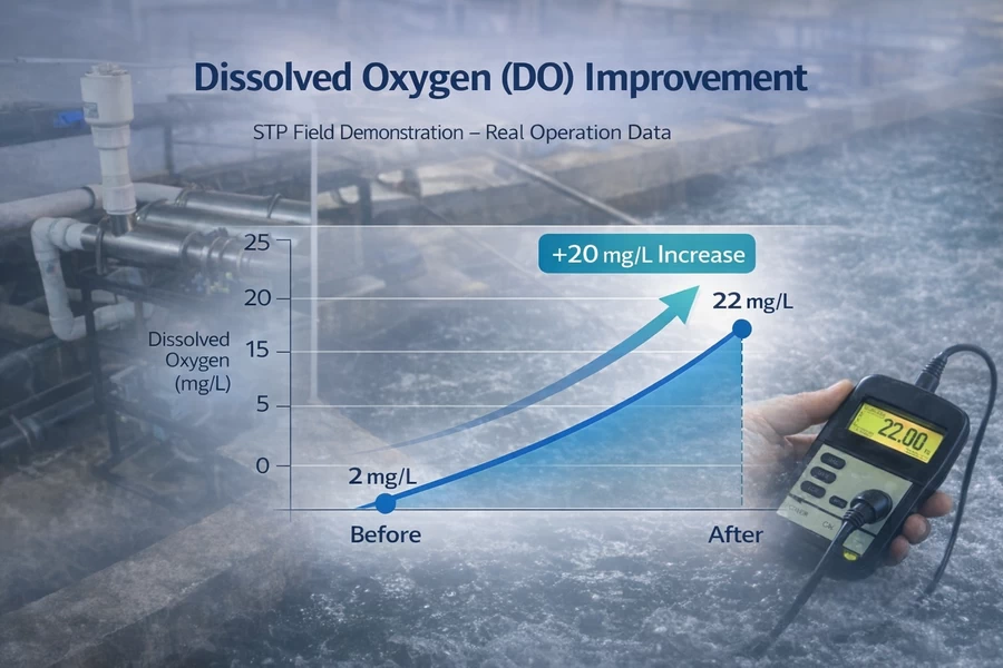 인도 하수처리장(STP) 산소 나노버블 시스템 설치 전후 용존산소(DO) 농도 개선 비교 그래프